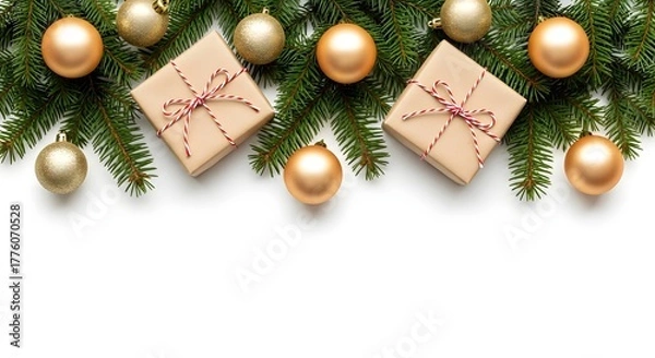 Fototapeta Christmas decorations with gifts isolated on white background