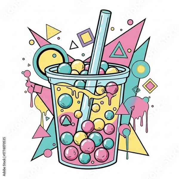 Fototapeta Vibrant abstract bubble tea illustration with bold geometric shapes, splashes of pastel pink, yellow, and turquoise, artistic pop art composition with dynamic movement and playful design