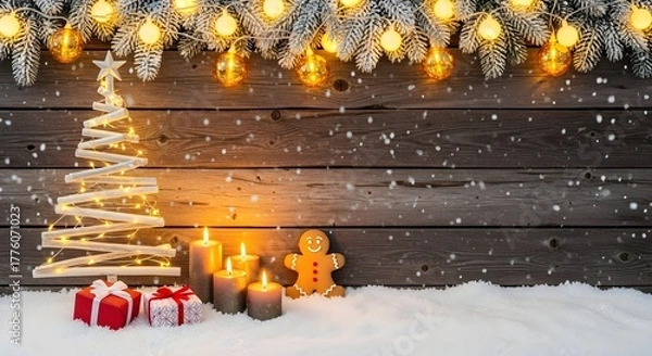 Fototapeta Christmas scene with tree, candles, gingerbread man, and string lights