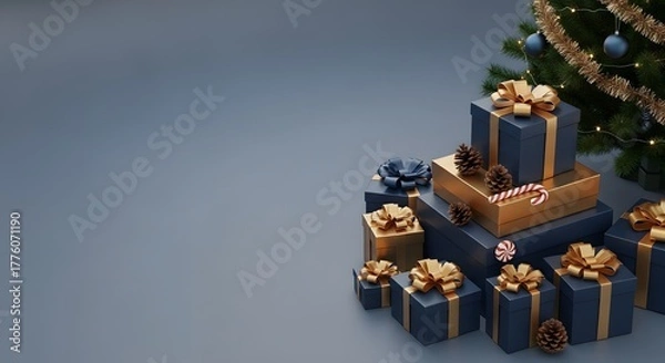 Fototapeta Christmas presents with ribbons and ornaments near a christmas tree