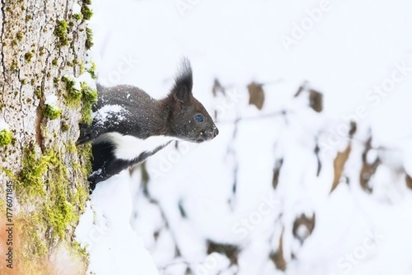 Obraz A cute european squirrel clibs on a tree in winter. A cute european red squirrel in the nature habitat.  Sciurus vulgaris