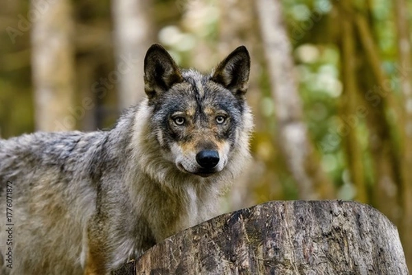 Fototapeta Closeup portrait of a grey wolf. Wildlife scene with a wiolf. Canis lupus. 