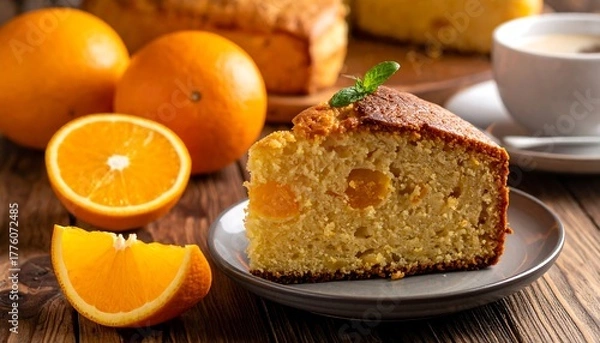 Obraz A slice of moist orange cake with fruit pieces, served with a cup of tea on a rustic wooden table