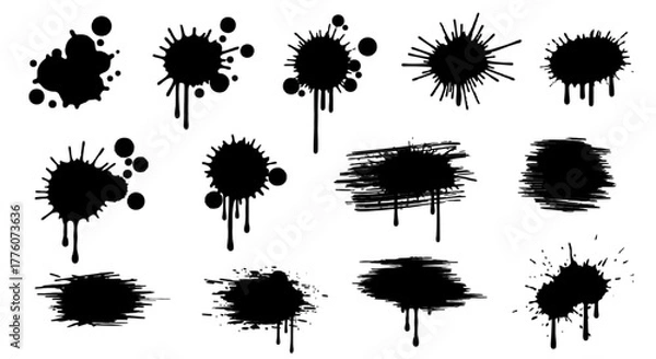 Fototapeta Collection of black ink splatter stains with drips and blots in varying shapes and sizes on a white.