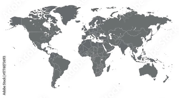 Fototapeta A grayscale world map shows the continents and countries of the planet Earth on a white surface.