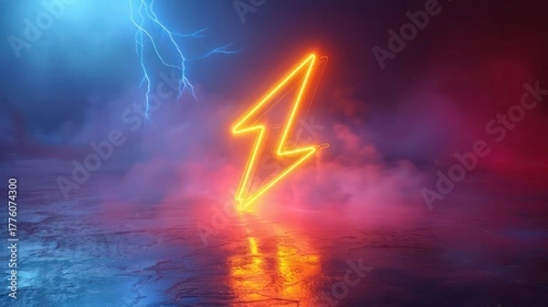 Fototapeta a neon lightning symbol in warm yellow against a white background and surface, crisp and vibrant 