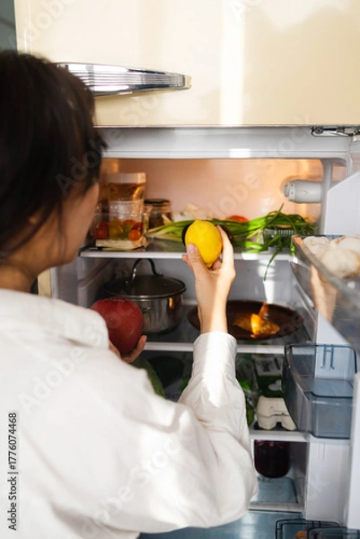 Obraz Back view of brunette woman standing in front of opened refrigerator full of food products, choosing ingredients to cook nutritious healthy breakfast before going to work
