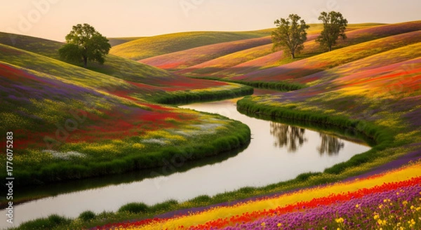 Fototapeta Serene tapestry of wildflower fields and reflective water, painting of tranquil nature