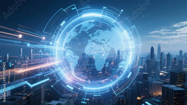 Fototapeta Technology Earth Holographic Projection Future City Big Data Background