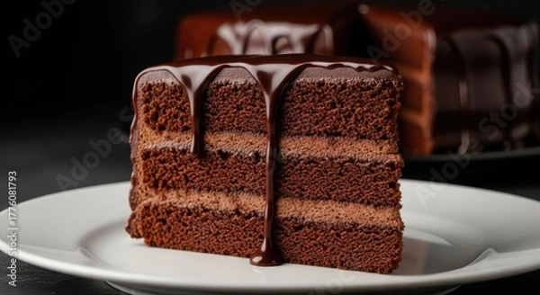 Obraz A delectable slice of rich chocolate cake with layers of moist sponge and creamy frosting, topped with a luscious chocolate ganache drip