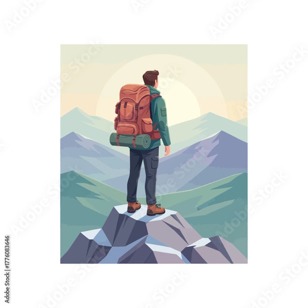 Obraz A lone hiker with a large backpack stands atop a snowy mountain peak, gazing at the vast mountain range and the rising sun in the distance.