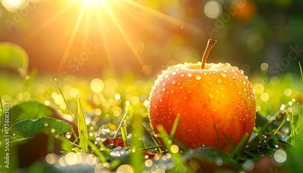 Obraz A red apple sits in dewy green grass bathed in golden sunlight, creating a warm, inviting scene