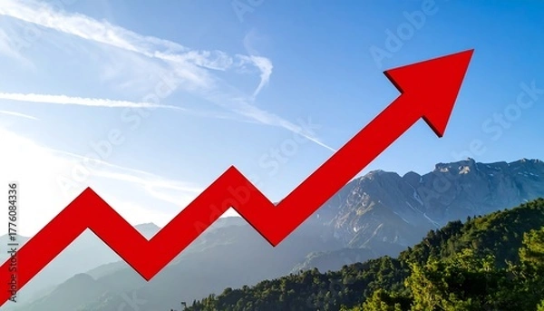 Obraz A red arrow ascends over a scenic mountain range with trees, against a blue sky with wispy clouds