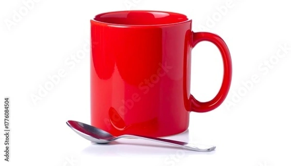 Obraz A red ceramic mug stands near a silver spoon on a stark white surface, highlighting the bold color contrast and simple form