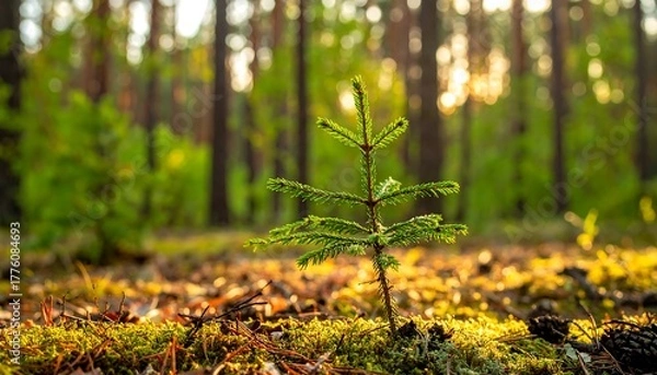 Obraz A small evergreen seedling in a forest, bathed in golden sunlight, with soft, out-of-focus trees in the background