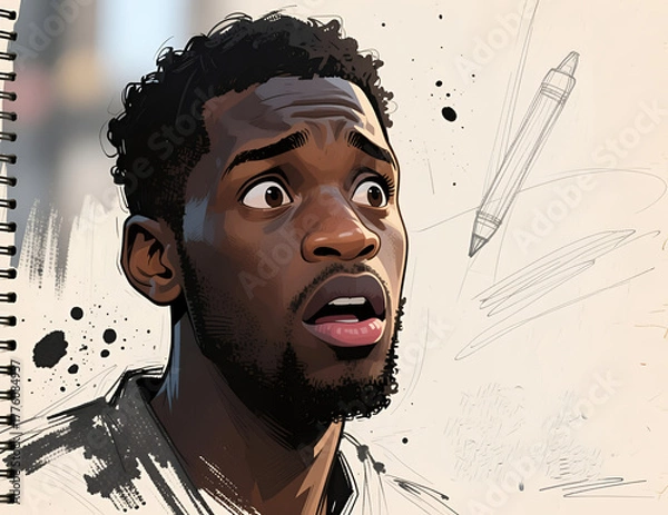 Fototapeta Confused, surprised, and a portrait of a black man. Informal art.