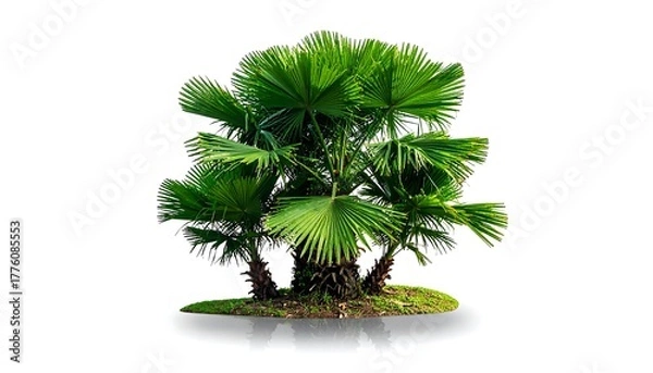 Obraz A small, isolated palm tree with bright green, fan-shaped leaves on a patch of green grass, casting a shadow