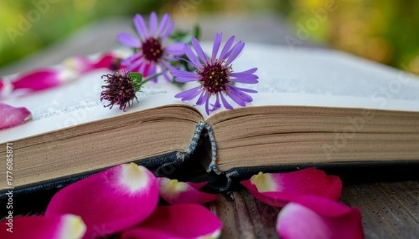 Fototapeta Close-up of faded rose petals and wildflowers resting on the pages of an old poetry book. Shallow depth of field, dreamy mood, artistic composition with blurred background.