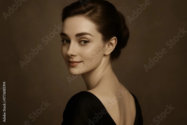 Fototapeta Random photo effect: A slight smile on a perfect face, looking back elegantly, she is perfection itself. Refined vocabulary.