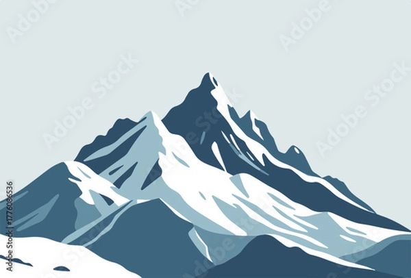 Obraz Vector illustration of a high snow covered mountain peak with sharp ridges and blue sky with clouds in the background