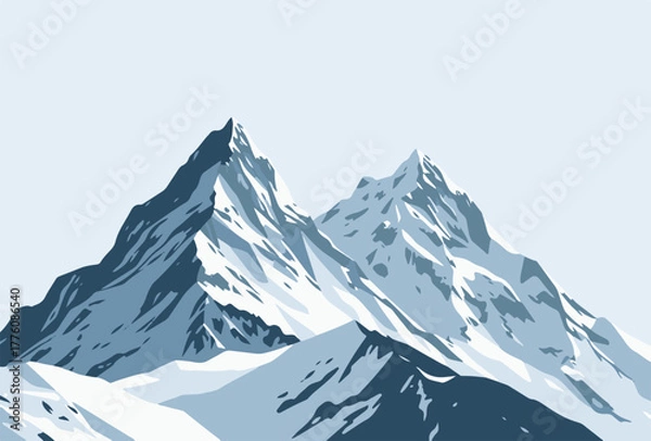 Obraz Vector illustration of a high snow covered mountain peak with sharp ridges and blue sky with clouds in the background