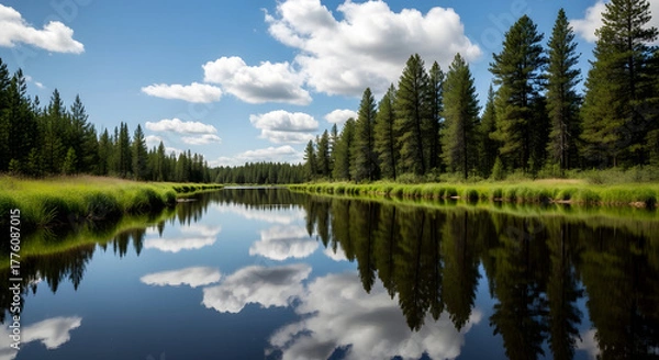 Fototapeta Serene landscape featuring still waters mirroring a forested shoreline under a bright sky