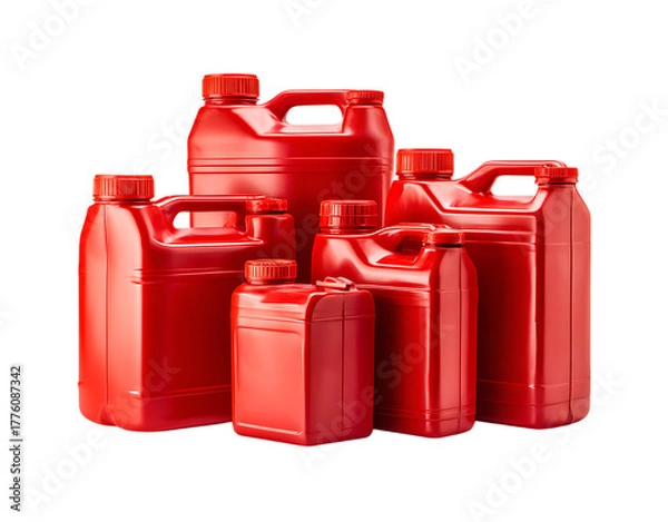 Fototapeta Collection of vibrant red plastic jerry cans for safe liquid storage and transport