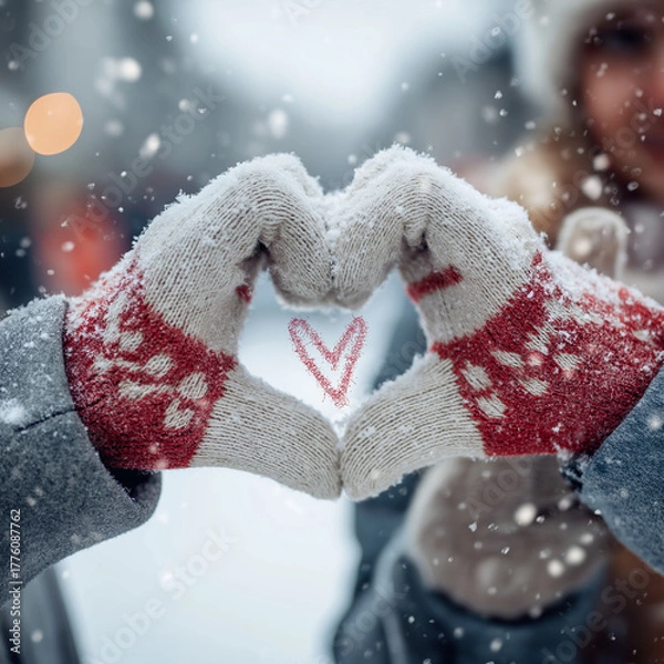 Obraz Close-up of couple's hands wearing mittens drawing heart in snow with their initials inside, Santa hats visible in frame, romantic detail shot, soft focus background, warm winter clothing