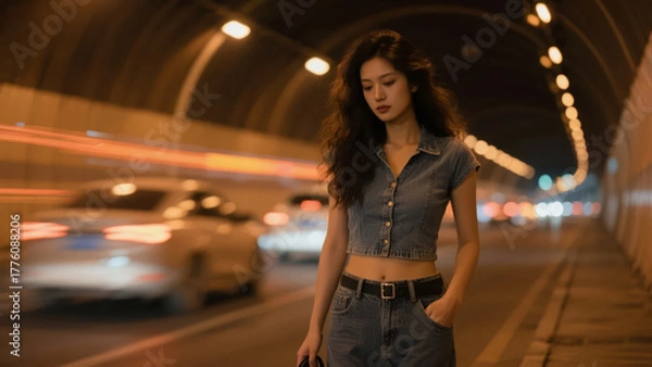 Obraz Beautiful Woman Walking at Night in a City Tunnel Light and Shadow Fashion Portrait Photography Background