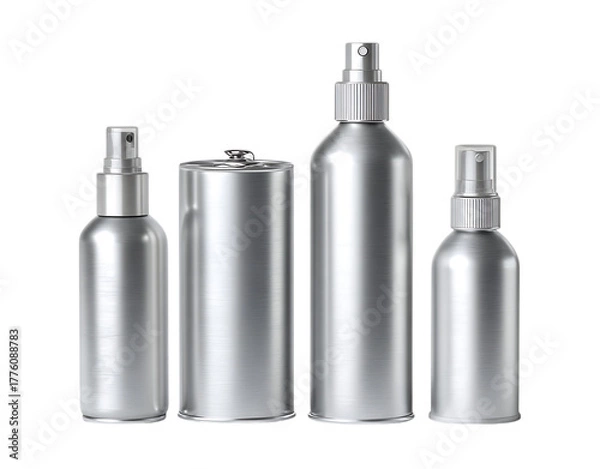 Fototapeta Modern sleek metallic spray bottles and canister collection ready for product branding and packaging mockups