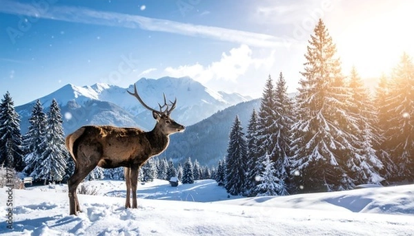 Obraz A red deer stands majestically in deep snow, framed by pine trees and distant snow-capped mountains, under bright sunlight