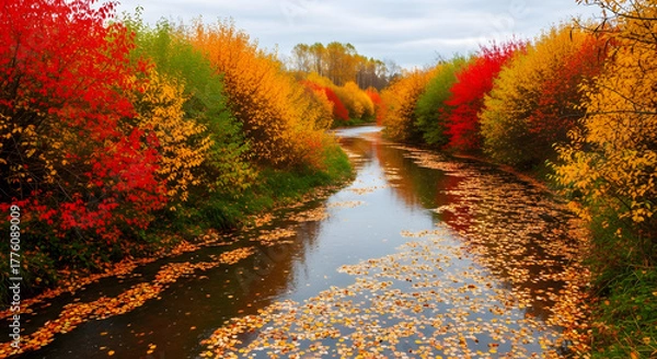 Fototapeta Scenic autumn river landscape with vibrant colorful foliage and fallen leaves
