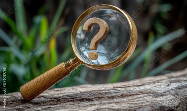 Fototapeta Magnifying glass and question mark, symbolizing research, information search, and education. A focus on investigation, knowledge discovery, and learning in a creative environment, Generative AI