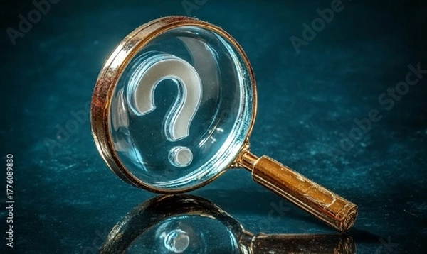 Fototapeta Magnifying glass and question mark, symbolizing research, information search, and education. A focus on investigation, knowledge discovery, and learning in a creative environment, Generative AI