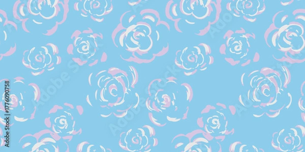 Fototapeta Seamless vector pattern with sketchy roses on vivid blue background. Artistic floral design for fabric, kids apparel, wrapping paper, romantic themed projects