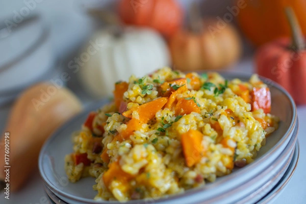 Fototapeta Pumpkin risotto prepared with pumpkin puree 