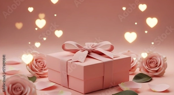 Fototapeta Pink Gift Box Surrounded by Roses, Petals, and Glowing Heart Bokeh on a Soft Monochromatic Background, Perfect for Valentine's Day and Romance