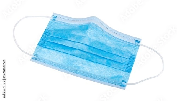 Obraz Blue surgical mask with ear loops, angled on white background, showing layered material and seam details