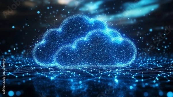 Fototapeta Network connection lines and bokeh effects for a futuristic look at digital transformation and cloud computing technology. A high-tech visualization of the virtual grid for system, Generative AI