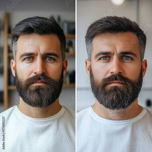 Fototapeta Portrait of a man with facial hair, showing grooming and beard care at a barbershop. A before-and-after transformation in facial hair treatment and skincare, Generative AI