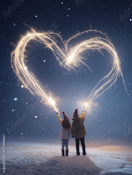 Obraz Couple in festive party hats using sparklers to draw glowing heart shape in air above snow, long exposure effect, light trails forming heart, snowy ground below, New Year's Eve celebration, magical