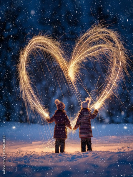 Obraz Couple in festive party hats using sparklers to draw glowing heart shape in air above snow, long exposure effect, light trails forming heart, snowy ground below, New Year's Eve celebration, magical