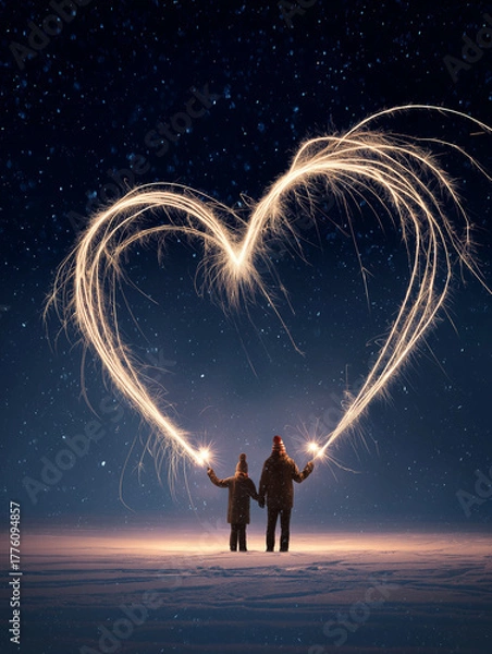 Obraz Couple in festive party hats using sparklers to draw glowing heart shape in air above snow, long exposure effect, light trails forming heart, snowy ground below, New Year's Eve celebration, magical