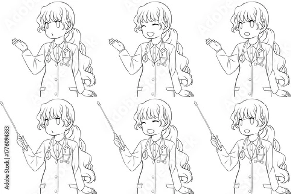 Obraz 案内する女性薬剤師、指し棒を持つ白衣の女性。説明する若い女性の線画6点セット