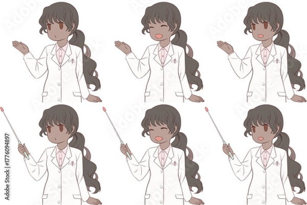 Obraz 案内する女性薬剤師、指し棒を持つ白衣の女性。説明する若い女性のクリップアート6点セット