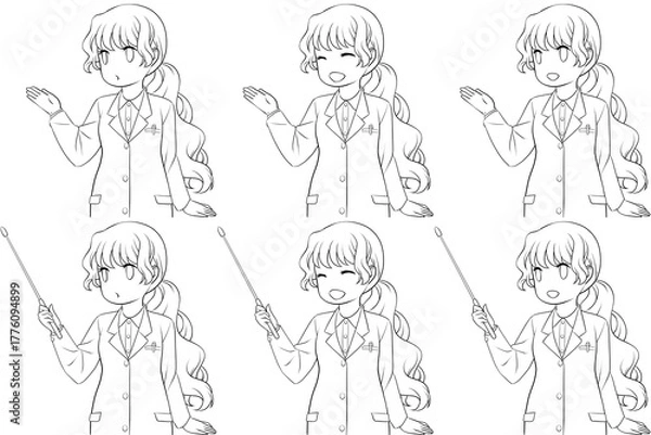 Obraz 案内する女性薬剤師、指し棒を持つ白衣の女性。説明する若い女性の線画6点セット