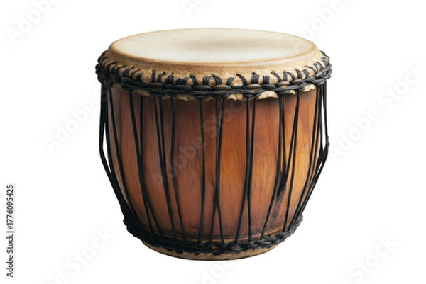 Fototapeta African djembe drum isolated on transparent background. Brown drum with black strings on white background.