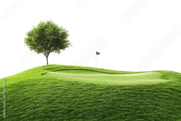 Fototapeta Green golf course with a single tree and flag isolated on transparent background. Golf course with a flag and a tree isolated on white background.