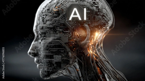 Fototapeta Artificial intelligence brain with glowing circuits.