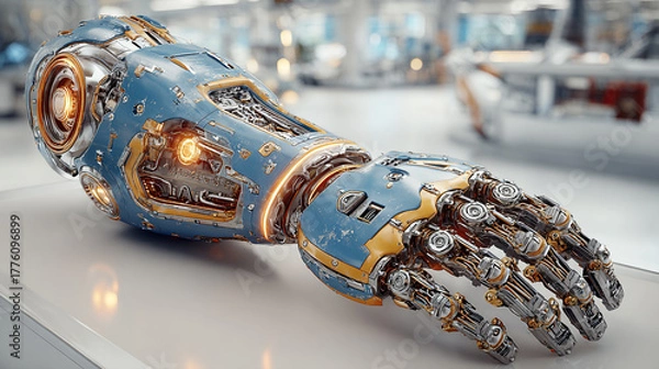 Fototapeta Futuristic robotic arm with glowing mechanical circuits.